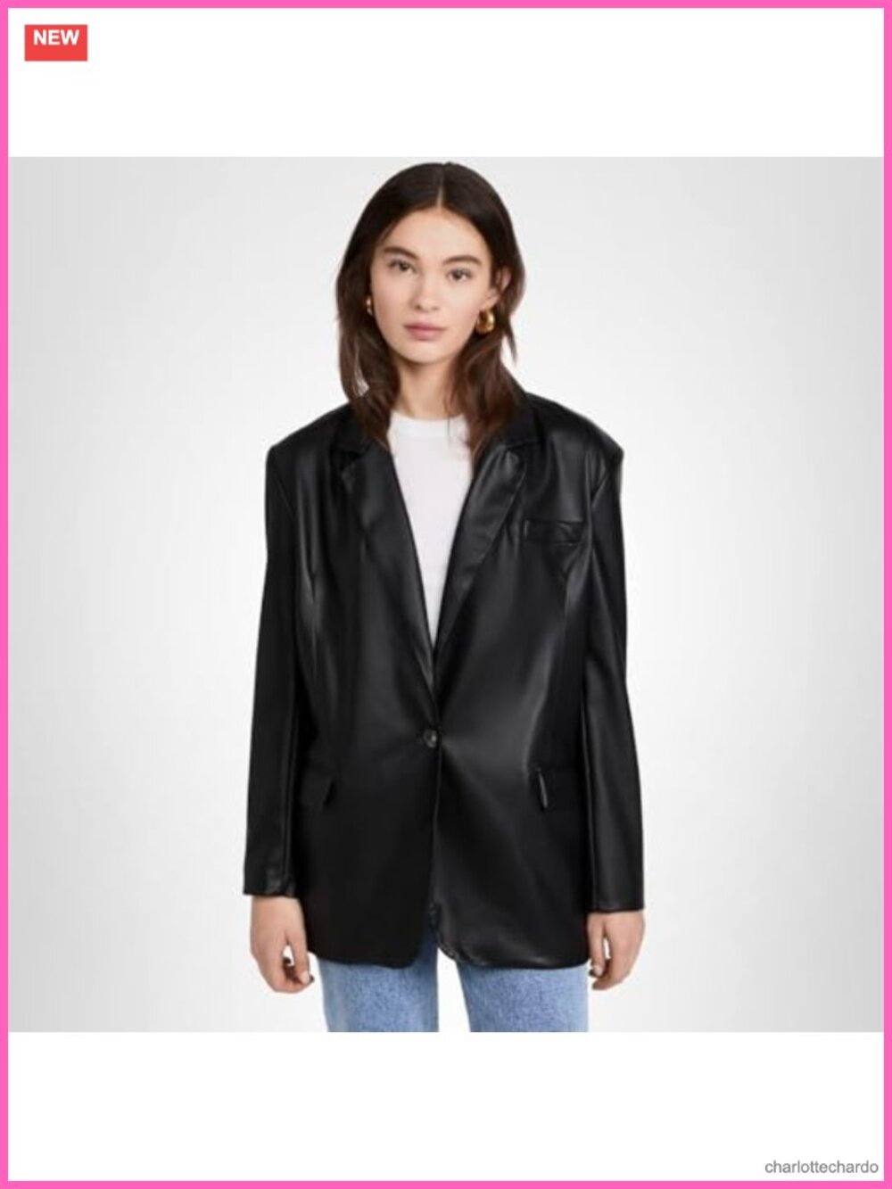 Faux Leather Blazer Oversized Single-Breasted Button Front Long Sleeve